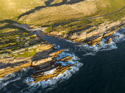 Aerial view of Steenbras River bridge on Clarence Road drive Kogel Bay, Gordon’s Bay, South Africa. - AAEF18336