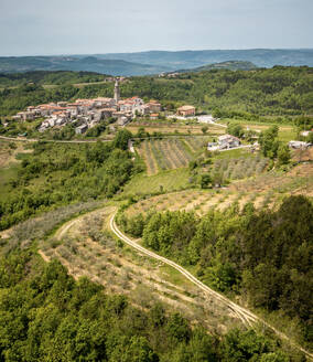 Aerial view of Novaki Motovunski village located on the top of a hill in central Istria, Croatia. - AAEF18377