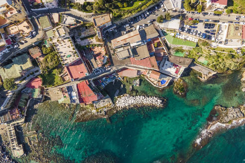 Aerial view of Marechiaro, a small harbour along the coastline in Naples, Campania, Italy. - AAEF18460