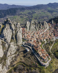 Aerial view of Pietrapertosa, a small town on top of the Lucanian Dolomites mountains, Potenza, Basilicata, Italy. - AAEF18506