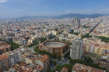 Aerial view of La Monumental, an historical bullring in Barcelona downtown, Catalunya, Spain. - AAEF18522