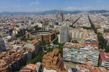 Aerial view of La Monumental, an historical bullring in Barcelona downtown, Catalunya, Spain. - AAEF18536