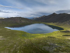 Aerial view of Sheosar lake, Deosai, Gilgit Baltistan, Pakistan in the Karakoram range of the Himalayas. - AAEF18543