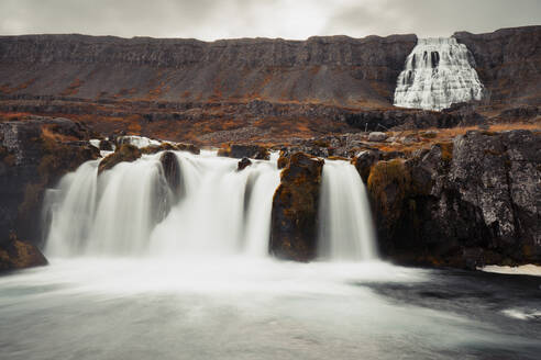 Aerial view of a beautiful waterfall in highlands region of Iceland. - AAEF18597