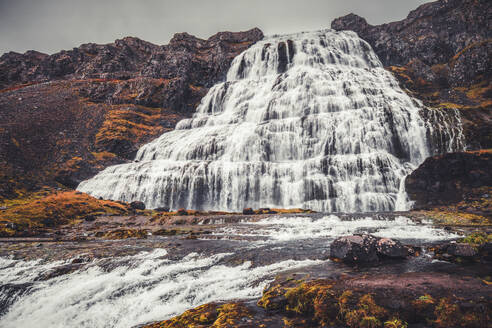 Aerial view of a beautiful waterfall in highlands region of Iceland. - AAEF18599