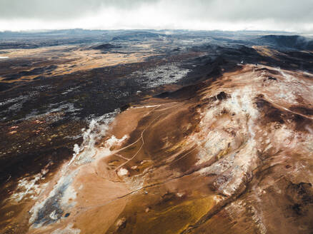 Aerial view of Mount Namafjall and mountain landscape in Northeastern Region, Iceland. - AAEF18613