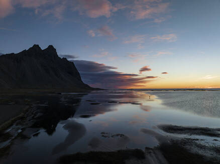 Aerial view of Stokksnes bay at sunset near the Vestrahorn mountain, Austurland, Iceland. - AAEF18625