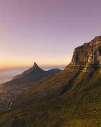 Aerial view of Lion's Head Mountain at sunset over Cape Town, South Africa. - AAEF18660