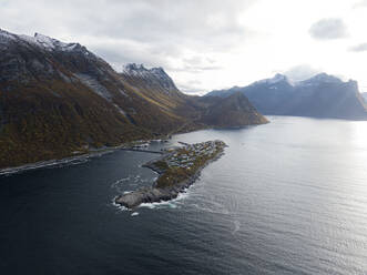 Aerial view of Husoy island in Oyfjorden, Senja Island, Lenvik, Troms, Norway. - AAEF18687