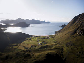 Aerial view of Haukland beach in Hauklandstranda, leknes, Lofoten Islands, Nordland, Norway. - AAEF18693