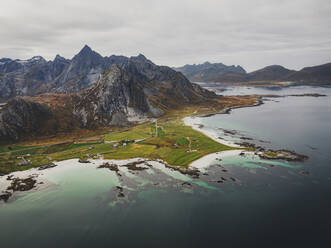 Aerial view of Skagsanden beach, Ramberg, Lofoten Islands, Nordland, Norway. - AAEF18694