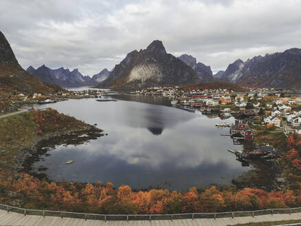 Aerial view of Reine town, Moskenesoya island, Moskenes, Lofoten Islands, Nordland, Norway. - AAEF18696