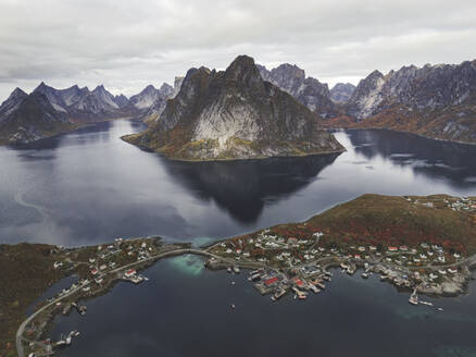 Aerial view of Reine town, Moskenesoya island, Moskenes, Lofoten Islands, Nordland, Norway. - AAEF18697