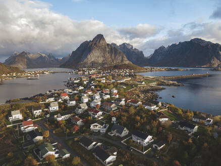 Aerial view of Reine town, Moskenesoya island, Moskenes, Lofoten Islands, Nordland, Norway. - AAEF18698