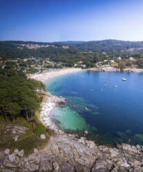 Aerial view of Punta Preguntoiro and Area do Bon beach in Cangas, Pontevedra, Galicia, Spain. - AAEF18702