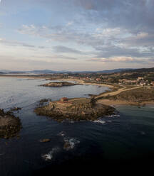 Aerial view of Ermida da Lanzada in O Grove, Pontevedra, Galicia, Spain. - AAEF18715