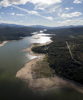 Aerial view of Roman archeological military camp Aquis Querquennis in Porto-Quintela near Conchas reservoir in Ourense, Galicia, Spain. - AAEF18723