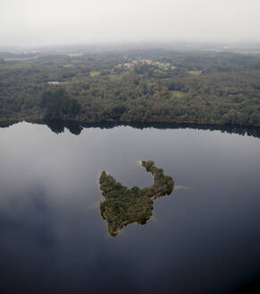 Aerial view of Lúa Island in abandoned quarry near Carballido, Lugo, Galicia, Spain. - AAEF18726