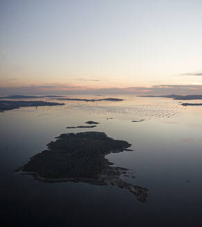 Aerial view of Cortegada island and bateas, mussels farms during sunset in Ria de Arousa, Pontevedra, Galicia, Spain. - AAEF18732
