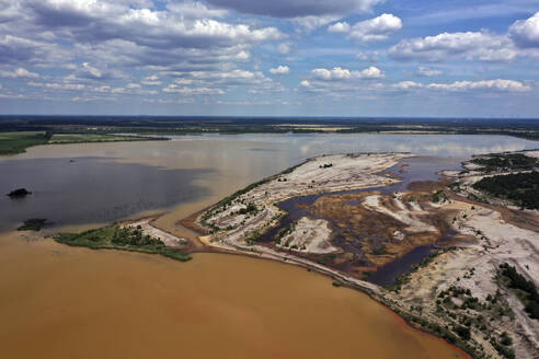 Aerial view of post-coal landscape, now a protected nature habitat Wanninchen, Brandenburg, Germany. - AAEF18734