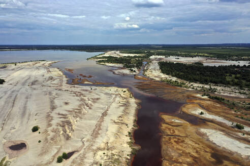 Aerial view of post-coal landscape, now a protected nature habitat Wanninchen, Brandenburg, Germany. - AAEF18740