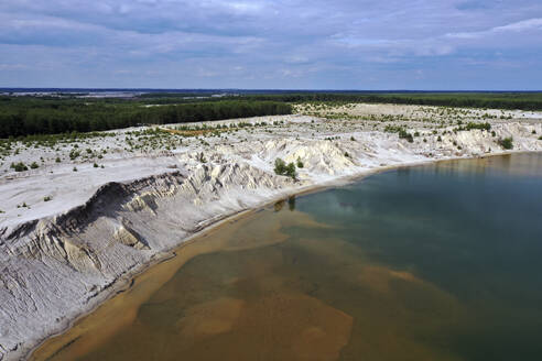 Aerial view of post-coal landscape, now a protected nature habitat Wanninchen, Brandenburg, Germany. - AAEF18741