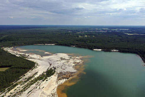 Aerial view of post-coal landscape, now a protected nature habitat Wanninchen, Brandenburg, Germany. - AAEF18743