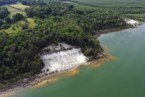 Aerial view of post-coal landscape, now a protected nature habitat Wanninchen, Brandenburg, Germany. - AAEF18745