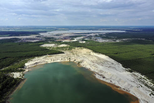 Aerial view of post-coal landscape, now a protected nature habitat Wanninchen, Brandenburg, Germany. - AAEF18748