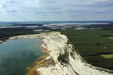 Aerial view of post-coal landscape, now a protected nature habitat Wanninchen, Brandenburg, Germany. - AAEF18749