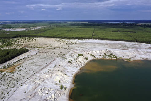 Aerial view of post-coal landscape, now a protected nature habitat Wanninchen, Brandenburg, Germany. - AAEF18754