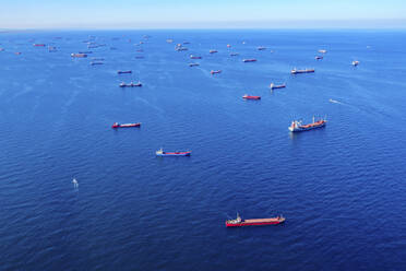 Aerial view of anchored ships waiting their turn to enter the Bosphorus at the Black Sea coast of Istanbul, Turkey. - AAEF18774