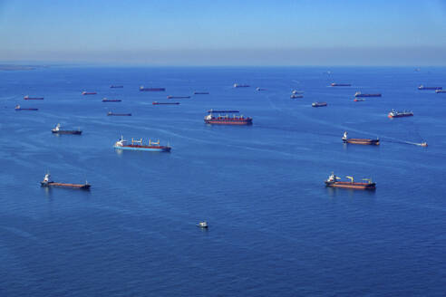 Aerial view of anchored ships waiting their turn to enter the Bosphorus at the Black Sea coast of Istanbul, Turkey. - AAEF18775