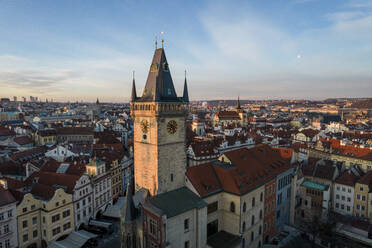 Aerial view of Astronomical Clock at Sunrise, Prague, Czech Republic. - AAEF18839