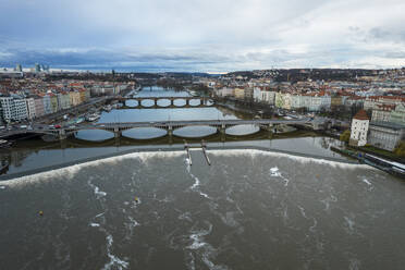 Aerial View of Vltava River and Jirasek Bridge in Prague, Czech Republic. - AAEF18840