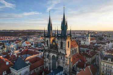 Aerial View of Church Of Our Lady Before Tyn In Old Town Prague, Czech Republic. - AAEF18842