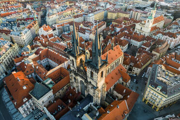 Aerial View of Church Of Our Lady Before Tyn In Old Town Prague, Czech Republic. - AAEF18843