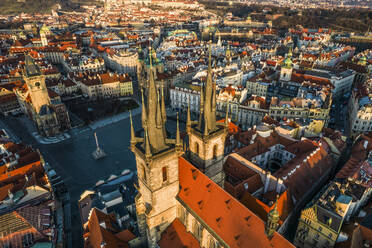 Aerial view of Church Of Our Lady Before Tyn In Old Town Prague, Czech Republic. - AAEF18845