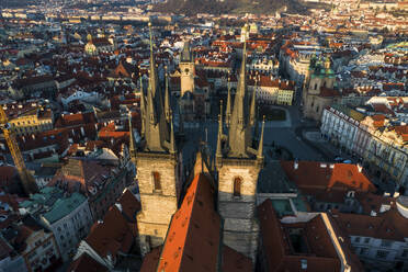 Aerial view of Church Of Our Lady Before Tyn In Old Town Prague, Czech Republic. - AAEF18846