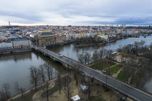 Aerial View of Legion Bridge above Vltava River in Prague, Czech Republic. - AAEF18849