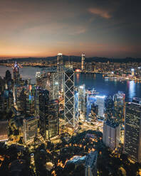 Aerial view of Hong Kong skyline and the financial district at sunset along Hong Kong Island coastline, China. - AAEF18883