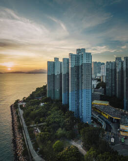 Aerial view of a residential district with tall buildings along Waterfall Bay, Hong Kong Island, China. - AAEF18896