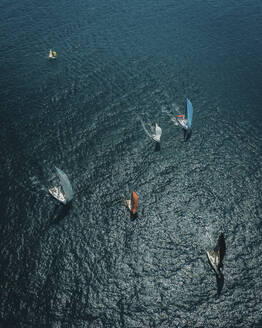 Aerial view of sailing boats during the day at Hong Kong bay, China. - AAEF18898