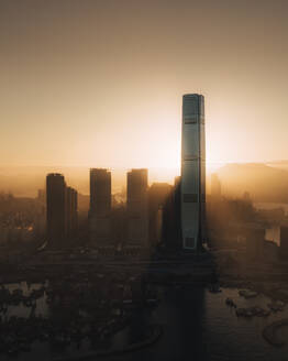 Aerial view of Hong Kong skyline and the financial district at sunrise along Hong Kong Island coastline, China. - AAEF18900