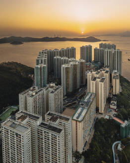 Aerial view of a residential district with tall buildings in Aberdeen district on Hong Kong Island, China. - AAEF18911