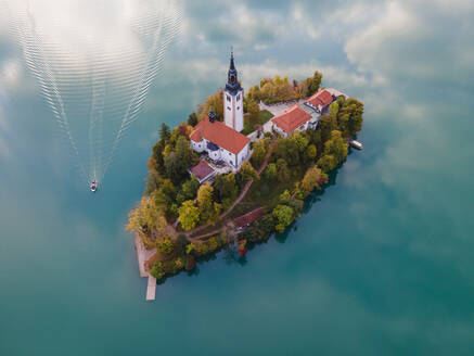 Aerial view of the island Blejski otok in Bled, Slovenia. - AAEF18933