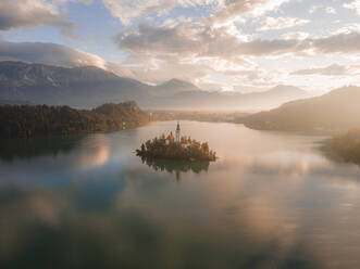 Aerial view of sunrise over lake Bled in Slovenia. - AAEF18935