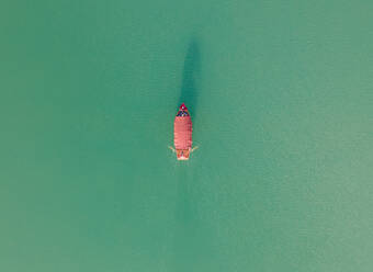 Aerial view of small passenger boat on the lake Bled, Slovenia. - AAEF18936