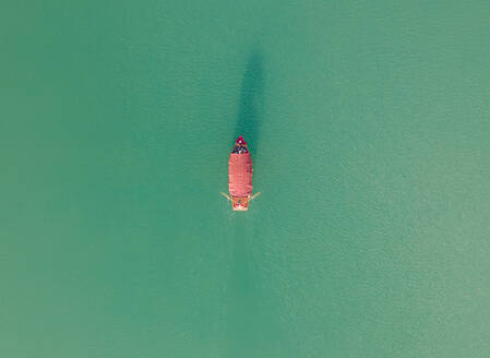 Aerial view of small passenger boat on the lake Bled, Slovenia. - AAEF18936