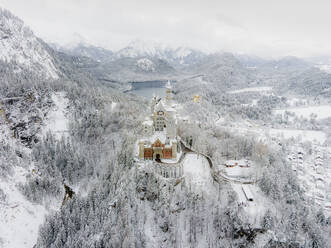 Aerial view of castle Neuschwanstein in wintertime with snow, Fussen, southwest Bavaria, Germany. - AAEF18947